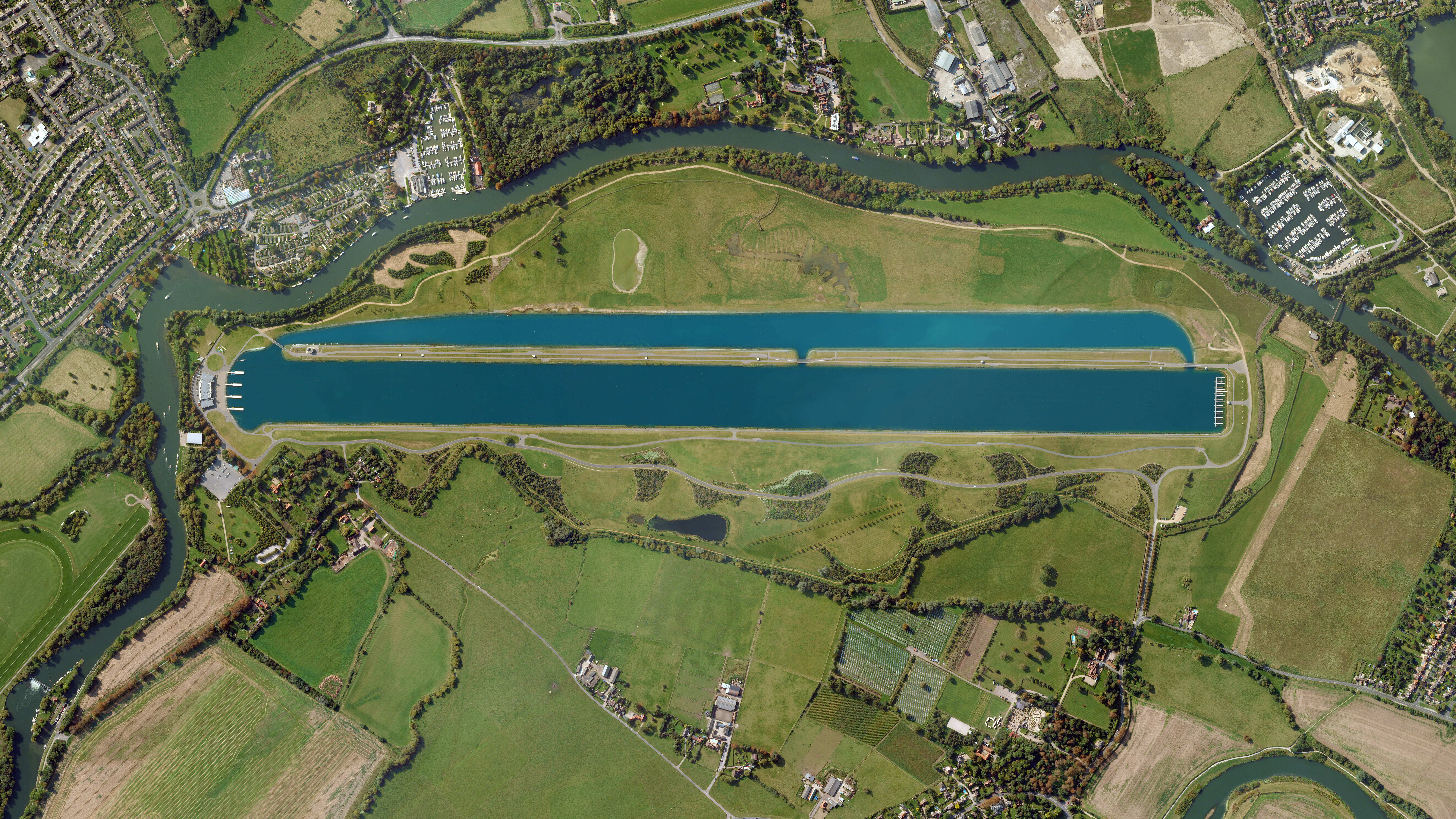 Aerial view of Dorney Lake, a purpose built rowing lake