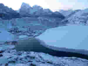 gokyo lake covered with snow from gokyo ri 1197