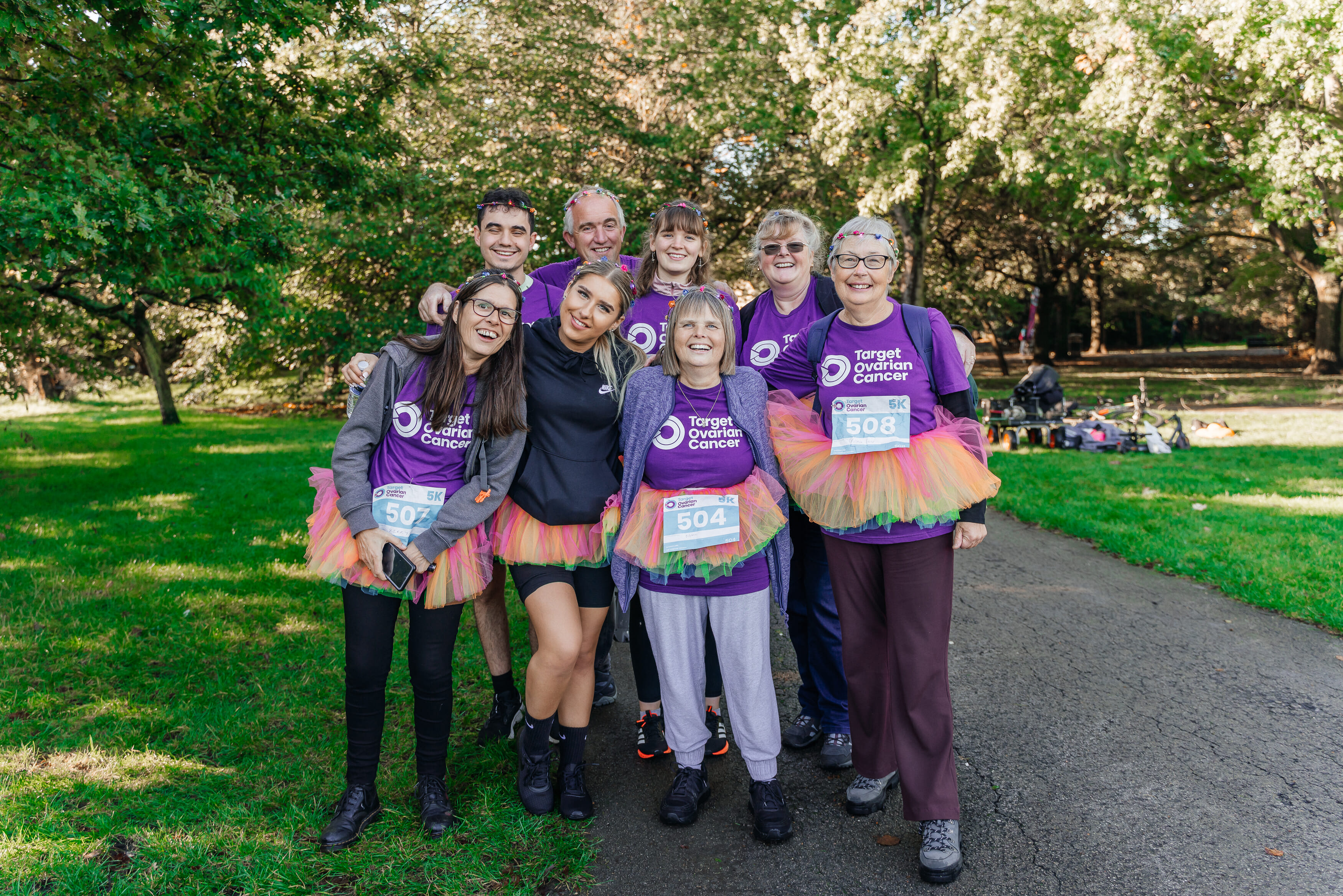 A group of participants in fancy dress at the Ovarian Cancer Walk Run London 2023